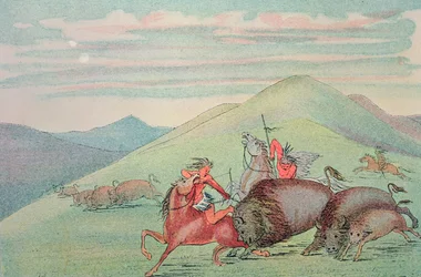 Büffelbulle schützt Kalb und Mutter unter Angriff